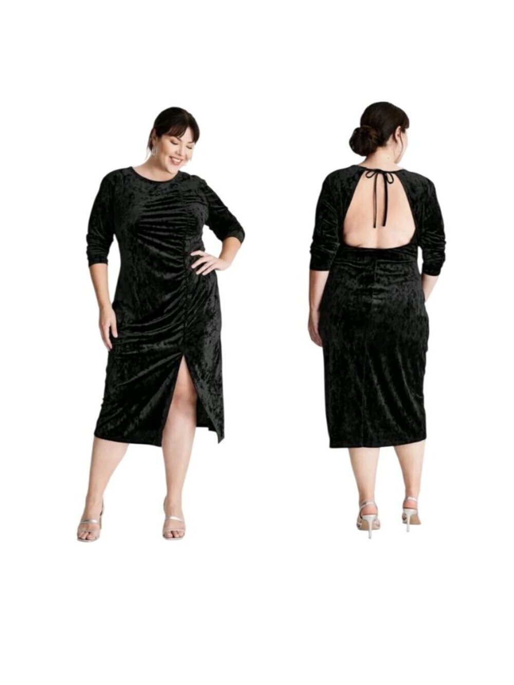 Future Collective 3XL Velvet Women’s Brown Black Midi Dress Ruched Back Keyhole